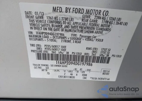 2013 Ford Taurus Se from USA, damaged, VIN 1FAHP2D94DG197986